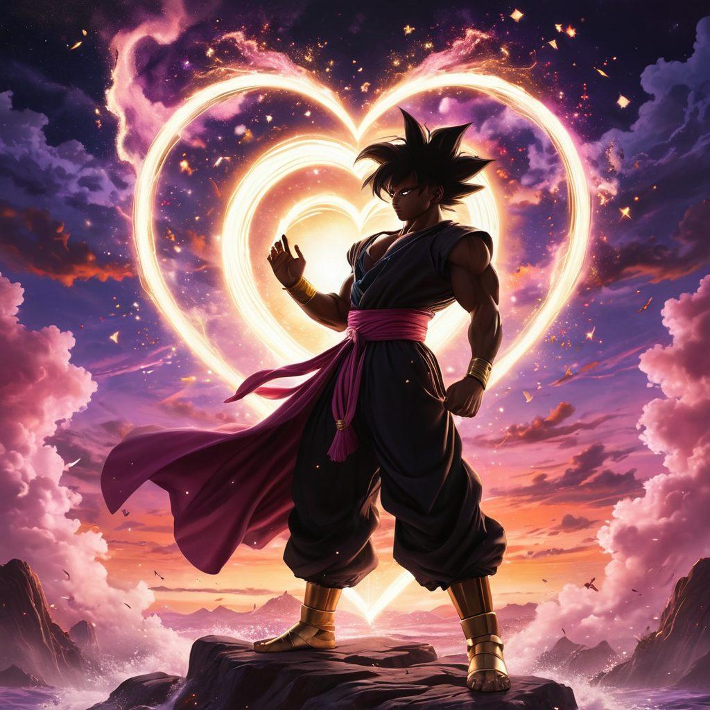 A romantic scene featuring Black Goku in a dynamic pose, surrounded by ethereal glowing hearts and vibrant energy waves. Include silhouettes of fan-created characters in the background, showcasing diverse styles and emotions of love and unity. The color palette should be lively with deep purples, pinks, and golds to accentuate the romantic theme. Capture the essence of passion and creativity with a dramatic sky and stars above. super-realistic. vibrant colors.