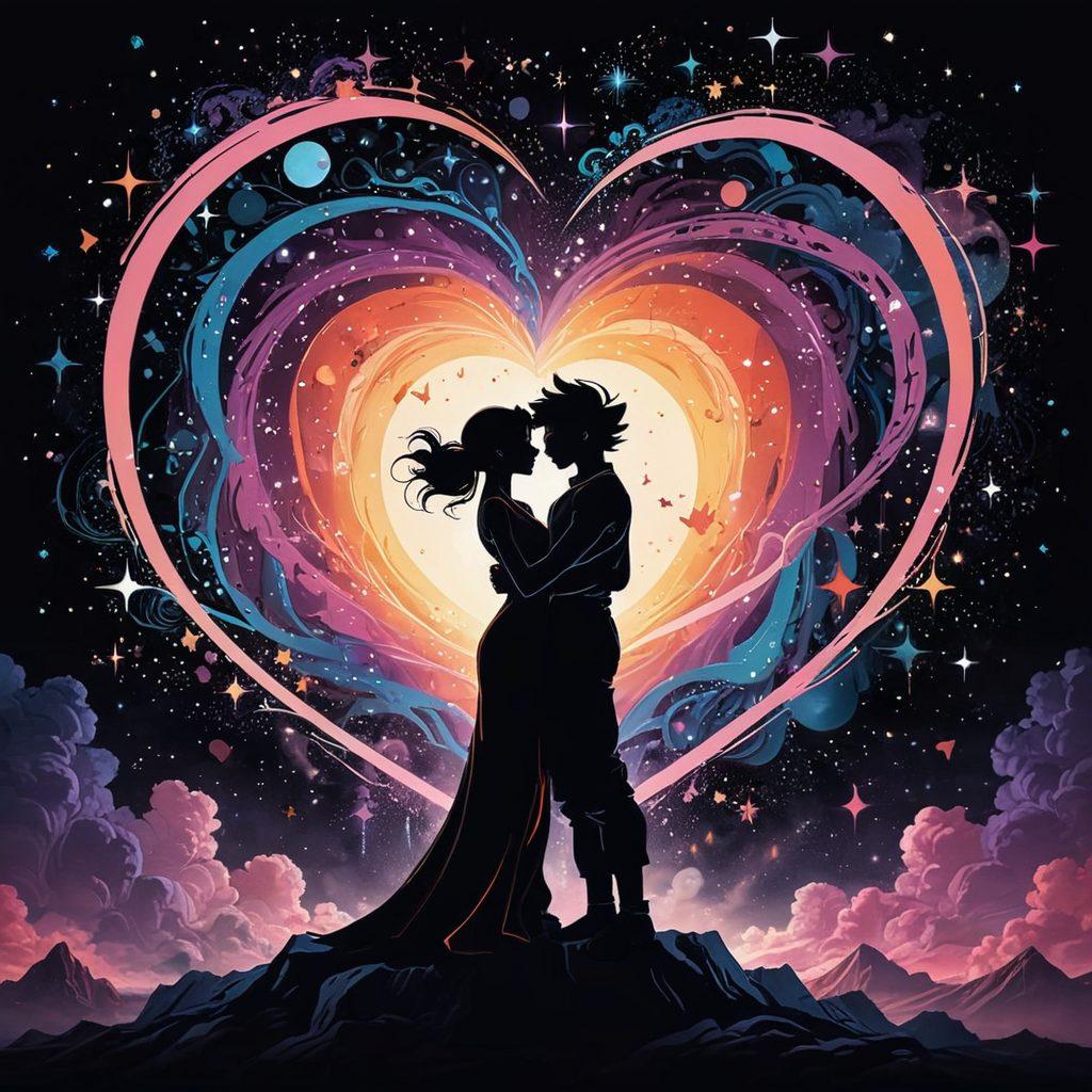 A dynamic and enchanting illustration depicting a romantic scene between Black Goku and an ethereal character, surrounded by vibrant cosmic elements and glowing hearts. The background features swirling galaxies and starry skies, highlighting their deep bond. The characters are depicted with expressive gestures, capturing love and adventure. Style it with bright colors and a whimsical vibe. vector art. vibrant colors.